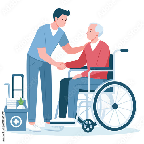 Kind Caregiver Assisting Senior Man in Wheelchair Illustration