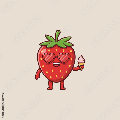 Smiling Strawberry Character Holding Ice Cream Cone Wearing Heart Sunglasses
