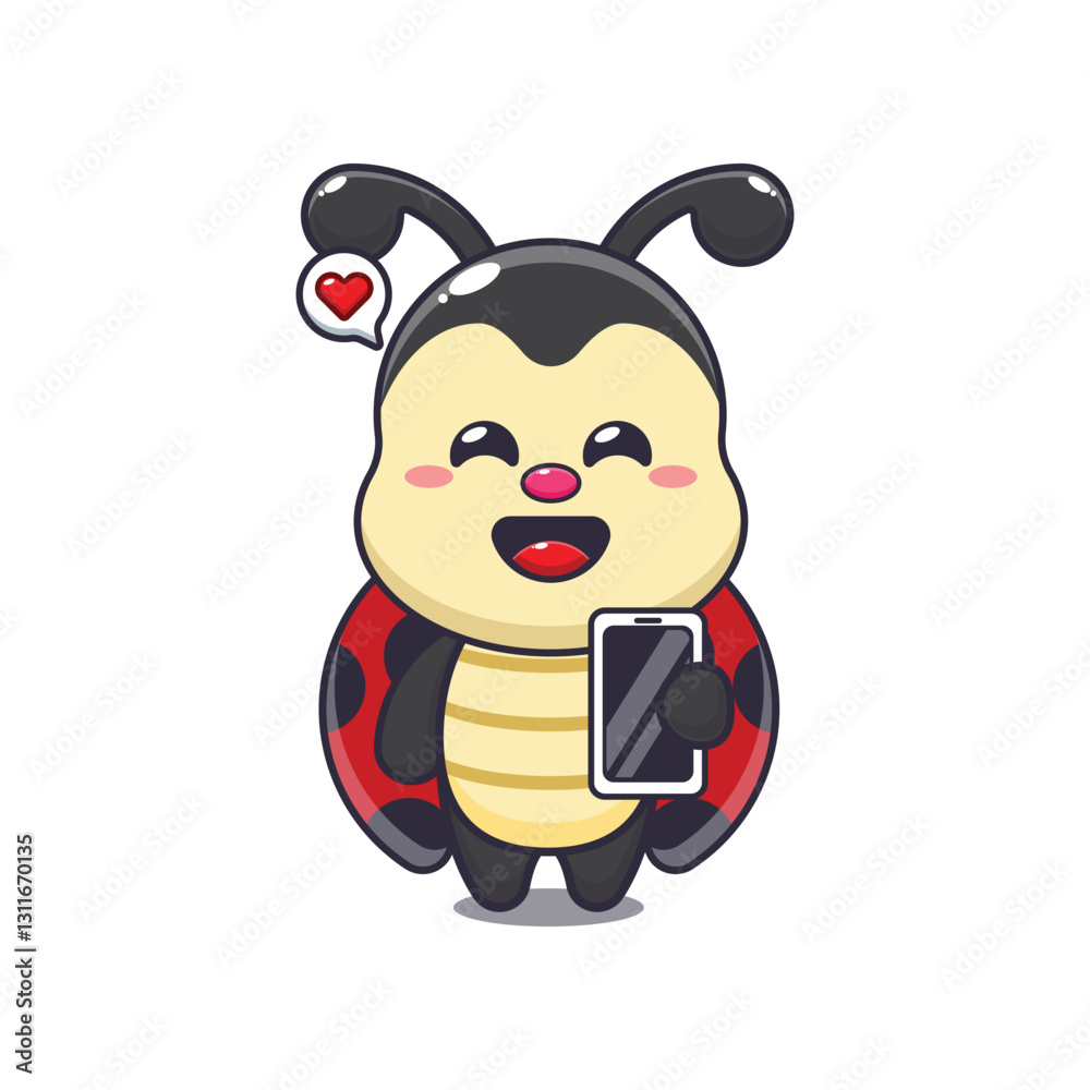 ladybug with mobile phone. mascot cartoon character vector illustration.