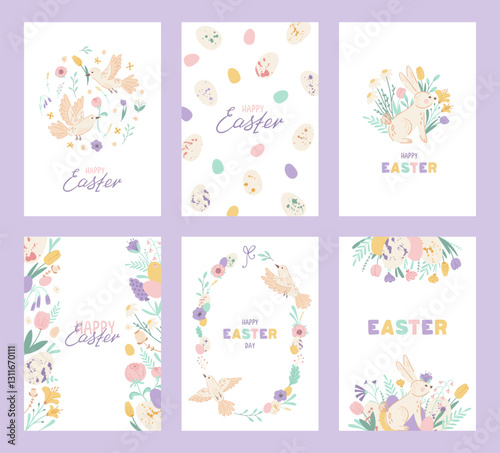 Collection Easter posters with bunny, bird, eggs and spring flowers. Set holiday covers, posters, banners, greeting cards with lettering. Vector illustration