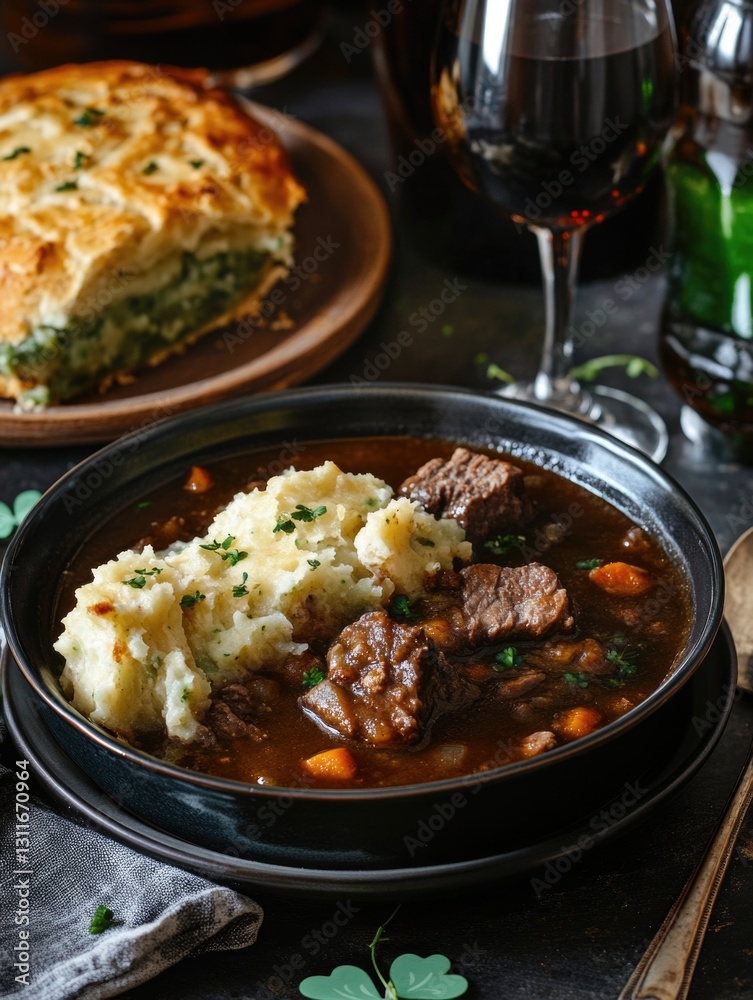 A large bowl of a hearty beef stew served with mashed potatoes and green herbs garnishing the top, accompanied by a glass of wine. A large bowl of a hearty beef stew served with mashed potatoes and green herbs garnishing the top, accompanied by a glass of wine.