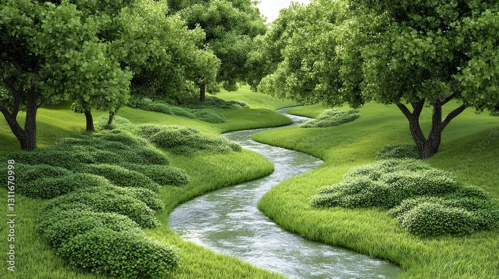 Fototapeta premium Lush Green Meadow with Winding Stream Flowing Through Trees in Serene Daylight