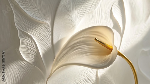 Elegant white calla lily, gold stem, textured background, sunlight, home decor