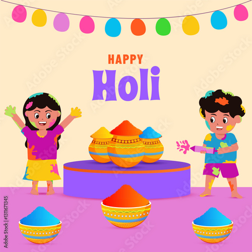 Cute vector illustration of cartoon kids playing with colors and water gun, Holi celebrating, fun, happy kids, festival of colors, a boy and a girl playing with colors. Happy Holi.