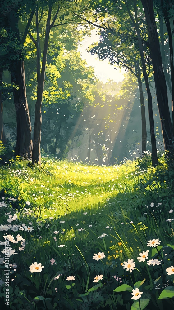 Fototapeta premium A serene forest path illuminated by sunlight and adorned with blooming wildflowers.