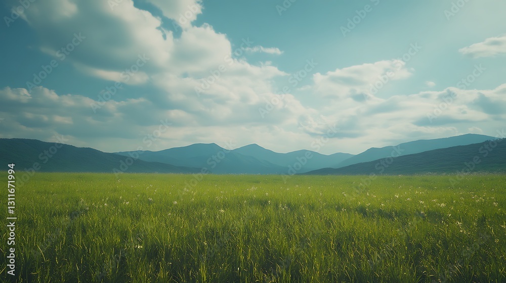 Serene landscape of grassy field under a partly cloudy sky with distant mountains. Serene landscape of grassy field under a partly cloudy sky with distant mountains.