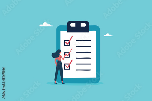 A Detail-Oriented Businesswoman Using a Pencil to Mark Tasks on a Checklist Board for Effective Planning