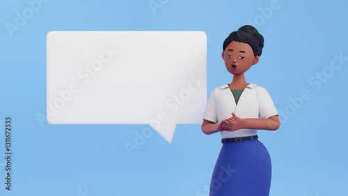 3D Female Narrator character with Speech Bubble. Business woman is presenting, speaking or narrating. Talking mouth, lips expressions, articulation, lip syncing. Looped animation, copy space