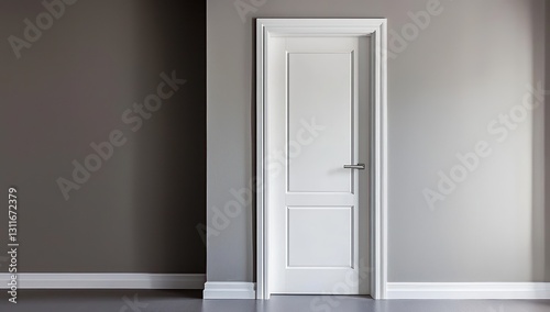 Sleek, minimalist white doorway set against a dove-gray wall.