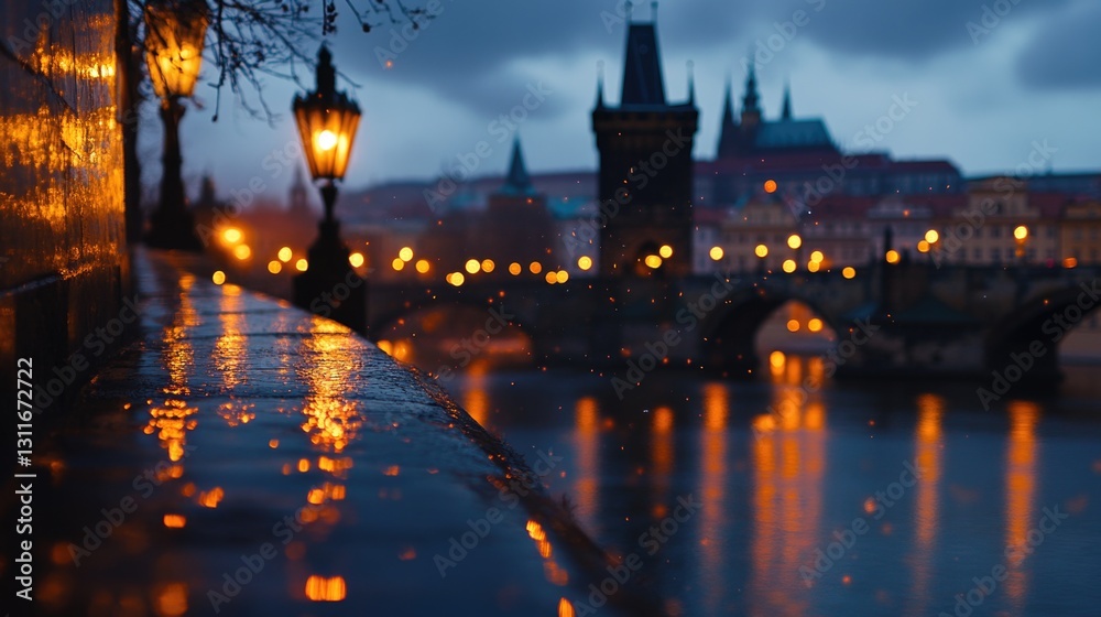 Obraz premium The Charles Bridge is illuminated by the city lights on a rainy evening.