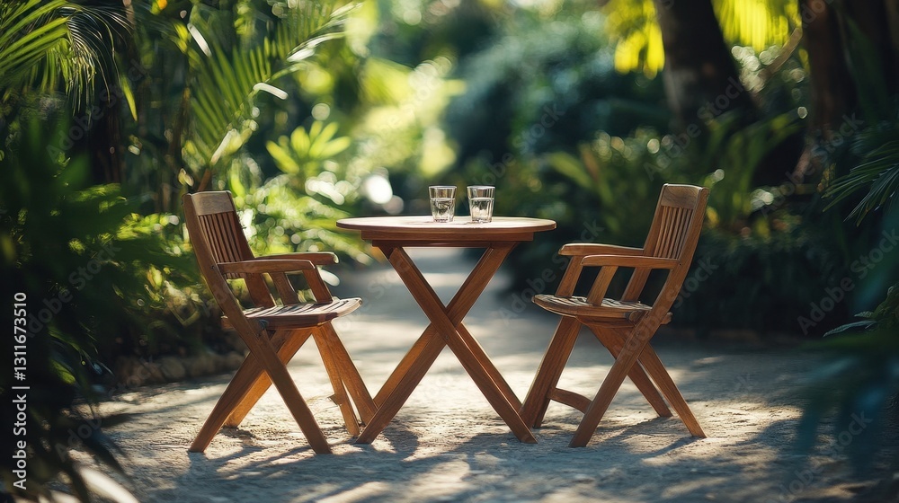 Wooden table and chairs in lush garden. Perfect for relaxation, tranquility, and outdoor settings. Wooden table and chairs in lush garden. Perfect for relaxation, tranquility, and outdoor settings.