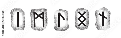 Elder Futhark runes engraved on stones. Vector set of five symbols. Norse mythology, Viking era. Scalable, monochrome design. Perfect for graphic projects. Isa, Mannaz, Laguz, Ingwaz, Nauthiz by dot.