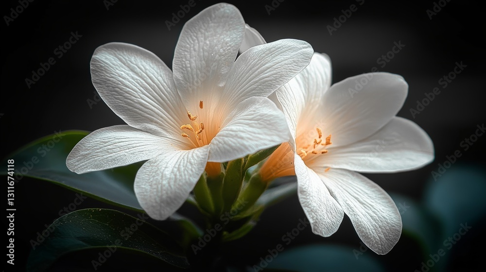 Fototapeta premium Two white flowers are in a vase. The flowers are very close to each other and are very bright