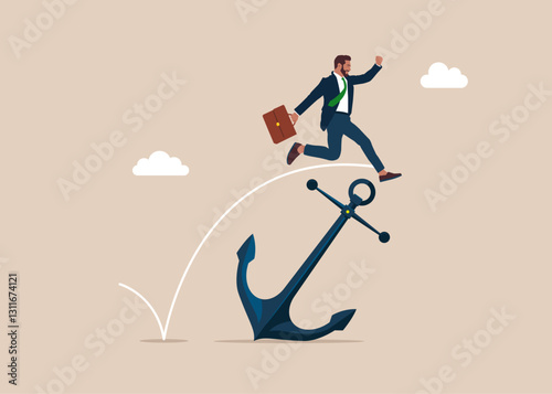 Entrepreneur jumps over through anchor to achieve business success. Avoid adversity and brave to jump pass mistake or business failure, creativity to solve problem.