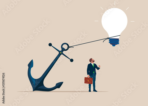 Effect is shown. Light bulb trying hard to fly away with anchor. Solution to solve business problem or creativity thinking. Flat vector illustration