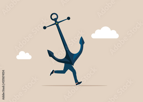 Man anchor. Funny running anchor instead of body. Effect is shown. Hard work and struggle in business. Flat vector illustration.