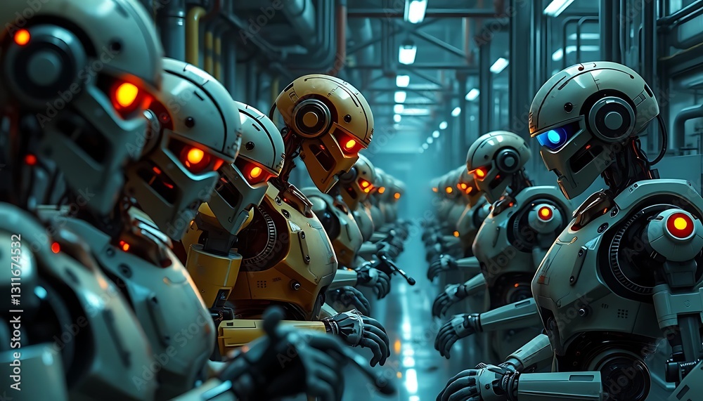 Fototapeta premium Rows of futuristic robots stand assembled in a warehouse factory