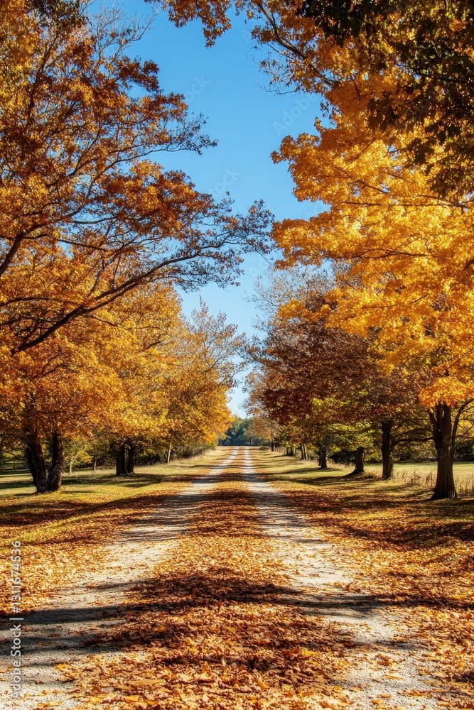 Naklejka premium Scenic avenue adorned with vibrant autumn foliage under a clear blue sky