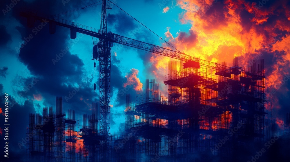 Fototapeta premium Construction site with a building under development, a tower crane, and heavy machinery at sunset, symbolizing urban growth, industrial progress, and modern infrastructure.