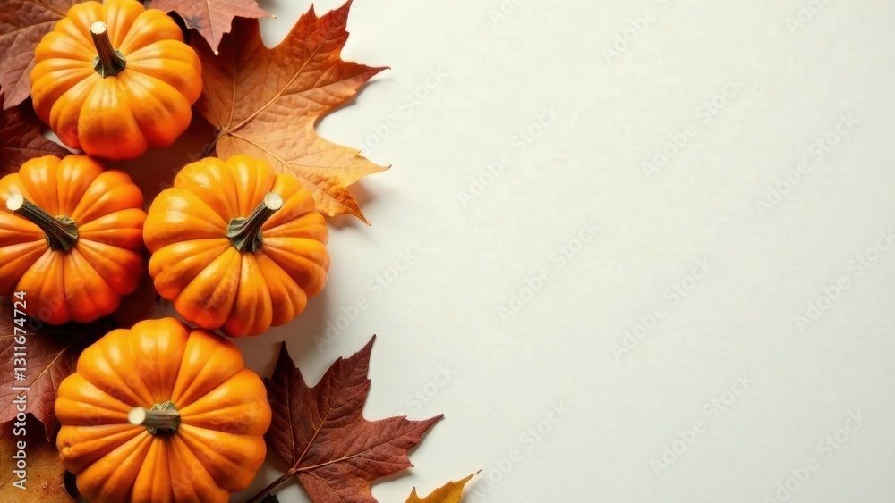 Autumnal Still Life Small Pumpkins and Colorful Fall Leaves on a Light Background Autumnal Still Life Small Pumpkins and Colorful Fall Leaves on a Light Background