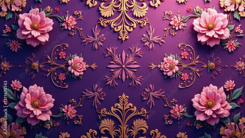 Obraz premium Intricate floral pattern with opulent gold accents on a rich purple backdrop, showcasing a luxurious and elegant design aesthetic, perfect for high-end textiles or wallpaper