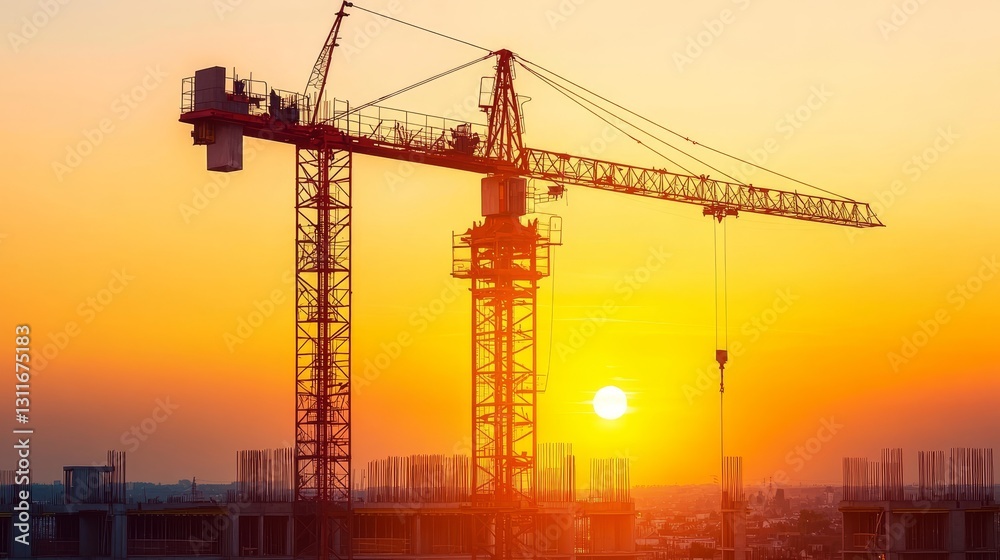 Construction site with a building under development, a tower crane, and heavy machinery at sunset, symbolizing urban growth, industrial progress, and modern infrastructure. Construction site with a building under development, a tower crane, and heavy machinery at sunset, symbolizing urban growth, industrial progress, and modern infrastructure.