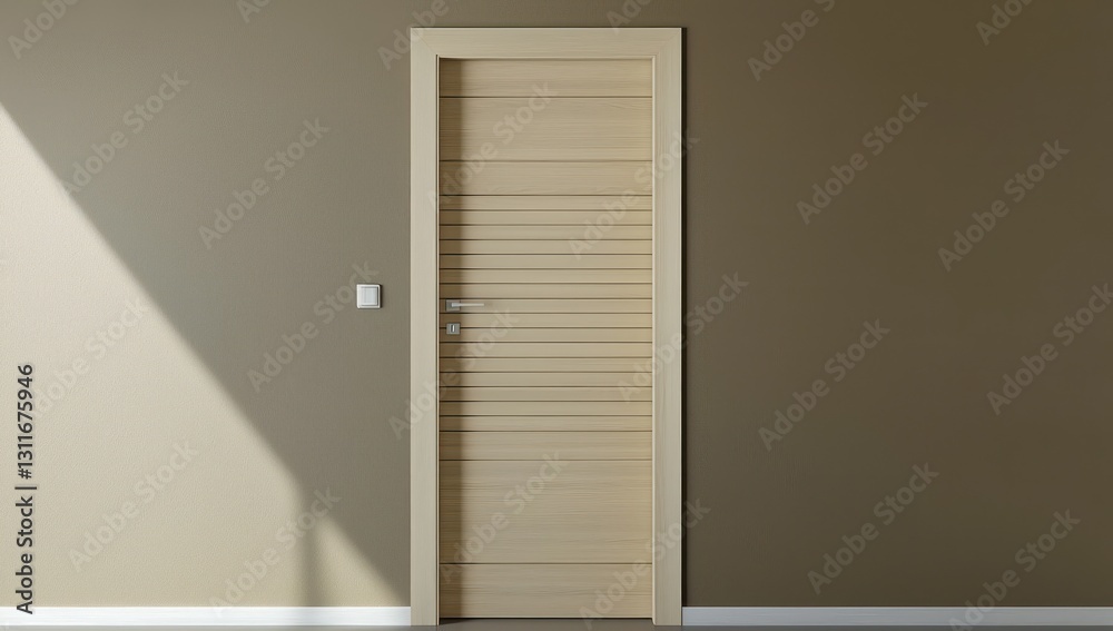 Fototapeta premium Neutral taupe wall with seamlessly blended birchwood door.
