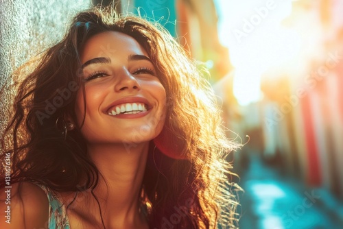 Bright and cheerful young woman smiling warmly under the glow of the sun. An inspiring and joyful scene captured outdoors on a vibrant street. Generated AI