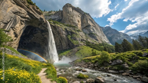 A towering natural arch carved into a mountain, with a cascading waterfall flowing through it.