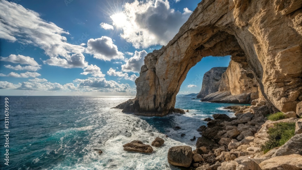 Fototapeta premium A natural arch carved into a cliffside, offering a breathtaking view of the ocean beyond.