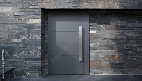 Dark stone wall and gunmetal gray door blend in modern elegance.
