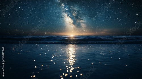 Starry night sky over tranquil ocean, sunset reflecting on water.
