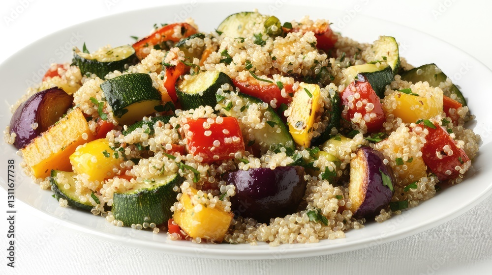A freshly prepared quinoa salad with roasted vegetables and a sprinkle of seeds, placed on a white surface with plenty of room for health-related text. A freshly prepared quinoa salad with roasted vegetables and a sprinkle of seeds, placed on a white surface with plenty of room for health-related text.