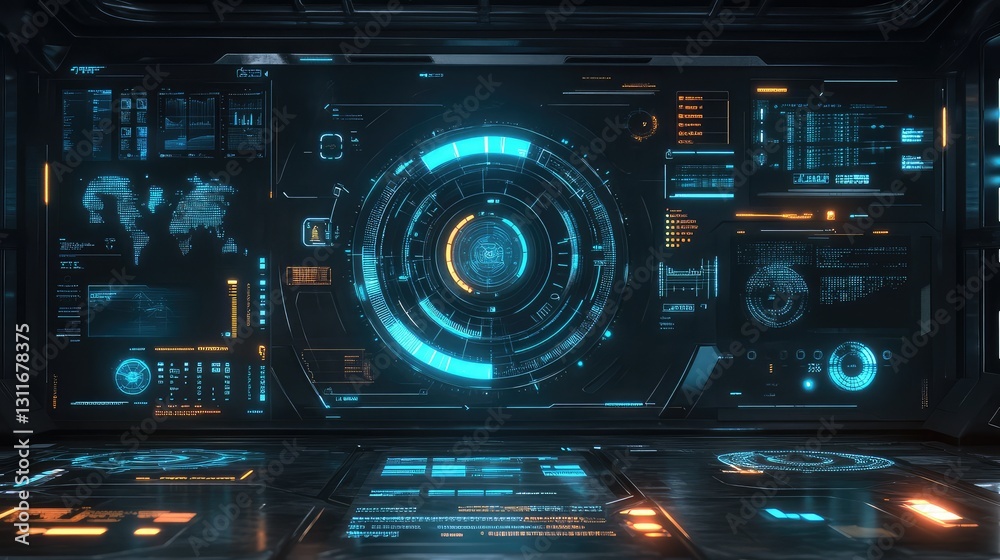 A futuristic digital dashboard interface design with blank space for adding data, icons, or creative text. A futuristic digital dashboard interface design with blank space for adding data, icons, or creative text.