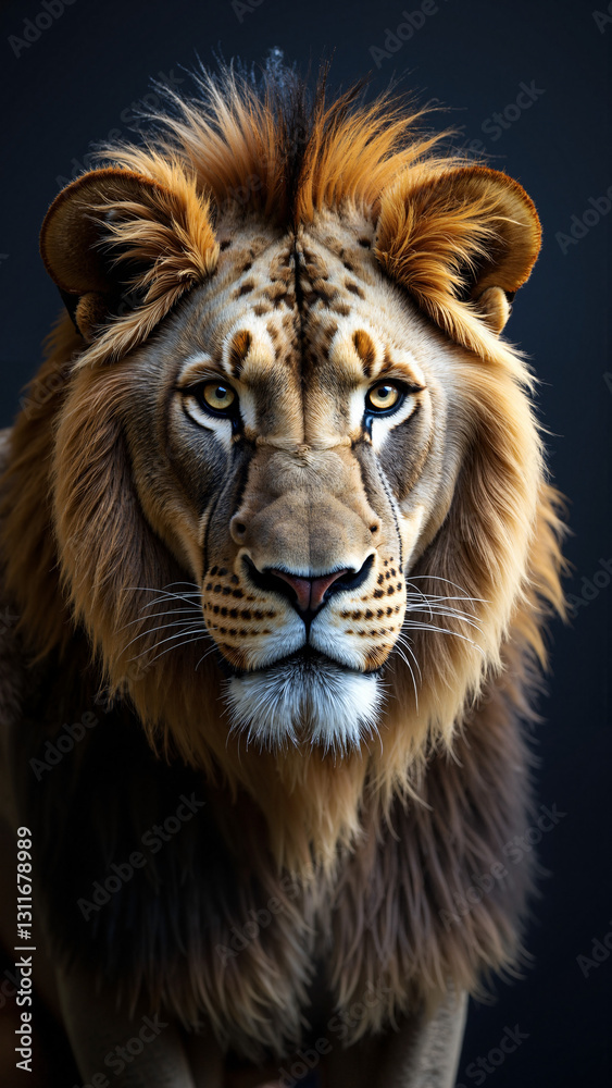 Majestic Lion Portrait Against Dark Background - Perfect for Wildlife Conservation Campaigns and Luxury Brand Marketing Majestic Lion Portrait Against Dark Background - Perfect for Wildlife Conservation Campaigns and Luxury Brand Marketing