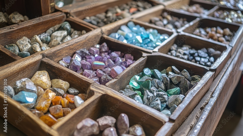 Raw and faceted gemstones displayed in wooden trading trays. Raw and faceted gemstones displayed in wooden trading trays.