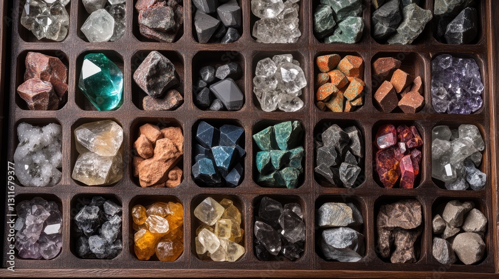 Raw and faceted gemstones displayed in wooden trading trays. Raw and faceted gemstones displayed in wooden trading trays.