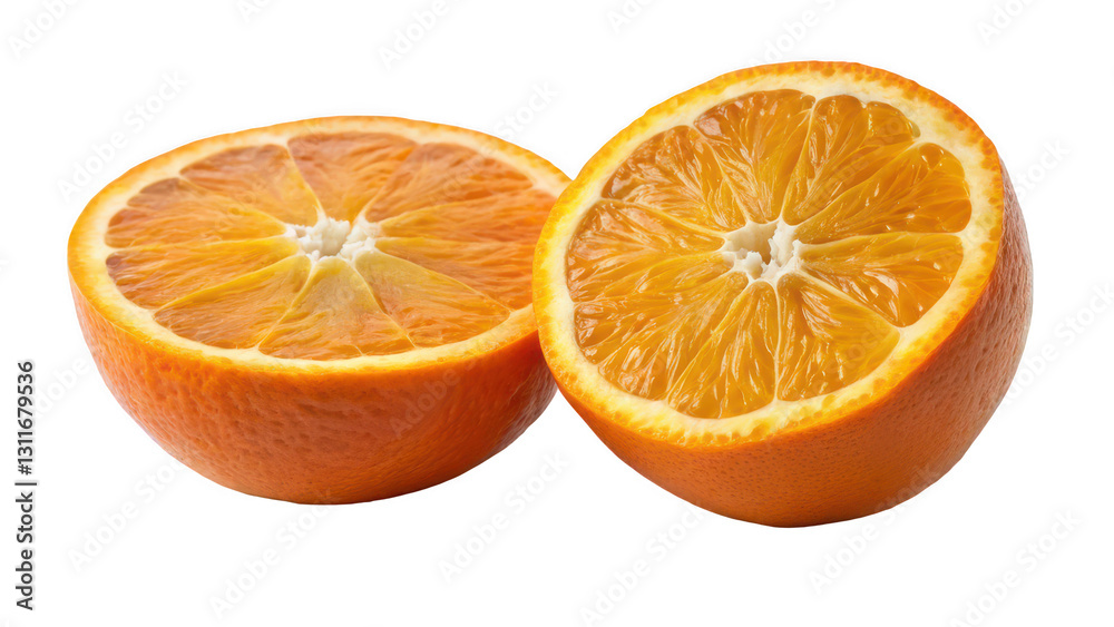 Juicy Orange Halves A Vibrant Close-Up on a White Background Juicy Orange Halves A Vibrant Close-Up on a White Background