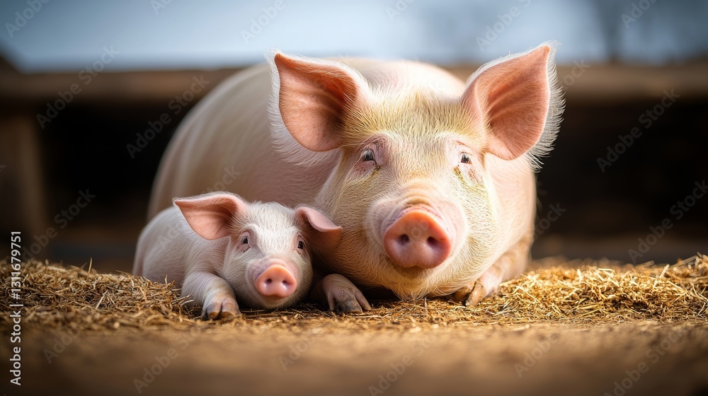 Two pigs are laying on hay, one of them is a baby. The baby pig is looking at the camera Two pigs are laying on hay, one of them is a baby. The baby pig is looking at the camera