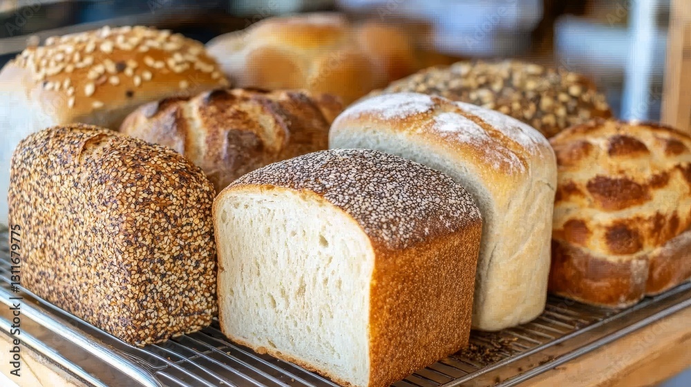 Freshly baked breads on an oven rack, captured in a close-up shot with a shallow depth of field and a blurred background, symbolizing artisanal baking, warmth, and traditional bakery Freshly baked breads on an oven rack, captured in a close-up shot with a shallow depth of field and a blurred background, symbolizing artisanal baking, warmth, and traditional bakery