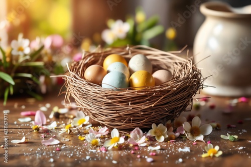 Rustikales Osternest aus Stroh mit goldenen und pastellfarbenen Eiern, umgeben von Blütenblättern und Federn auf einem Holztisch. Weicher Hintergrund mit Frühlingsgrün und warmem Sonnenlicht.
