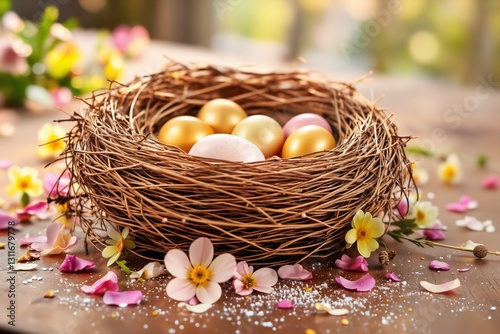 Rustikales Osternest aus Stroh mit goldenen und pastellfarbenen Eiern, umgeben von Blütenblättern und Federn auf einem Holztisch. Weicher Hintergrund mit Frühlingsgrün und warmem Sonnenlicht.