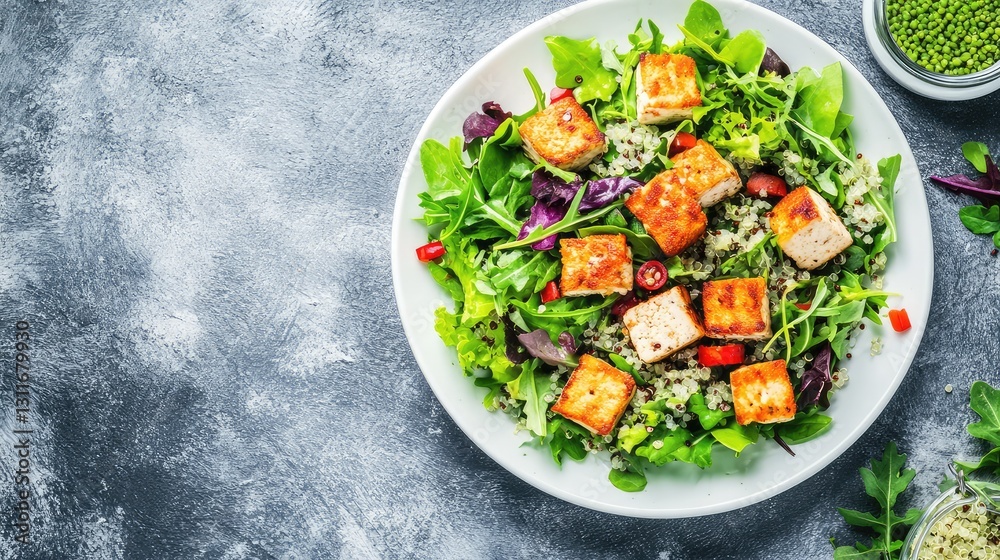 A healthy plant-based salad with tofu, quinoa, and mixed greens, served on a white plate, with ample space for clean eating branding. A healthy plant-based salad with tofu, quinoa, and mixed greens, served on a white plate, with ample space for clean eating branding.