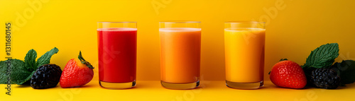 Fresh Fruit Juices in Glasses with Berries and Mint Leaves on Yellow