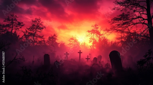 Ancient graveyard at dusk, with broken tombstones and swirling mist, spectral figures emerging, dark gothic style, soft lighting, watercolor effect