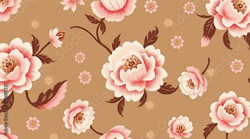 Wallpaper Mural Brown and pink floral pattern on a rich brown background, creating a warm and inviting design, Generative AI. Torontodigital.ca