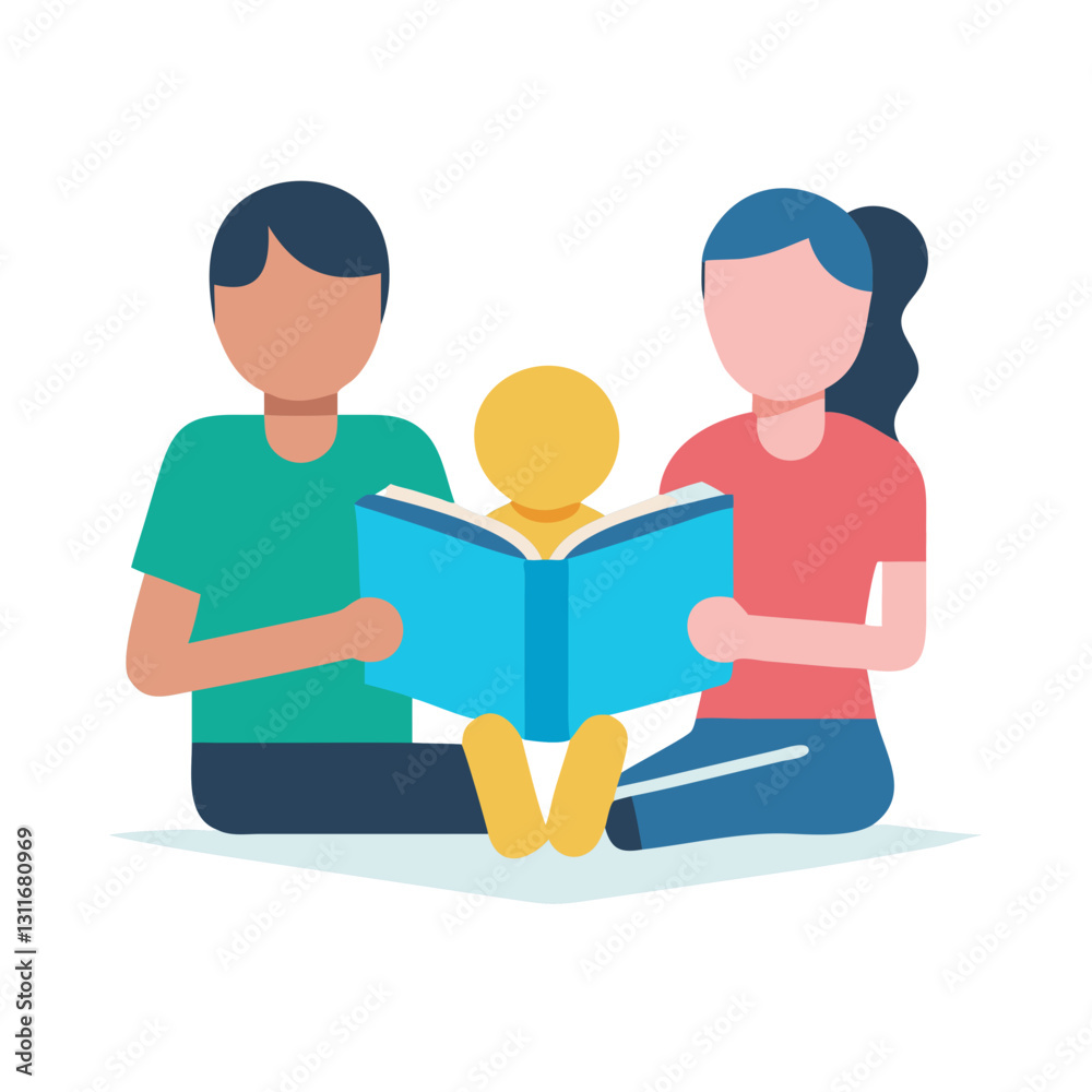 Parents reading book to child sitting together