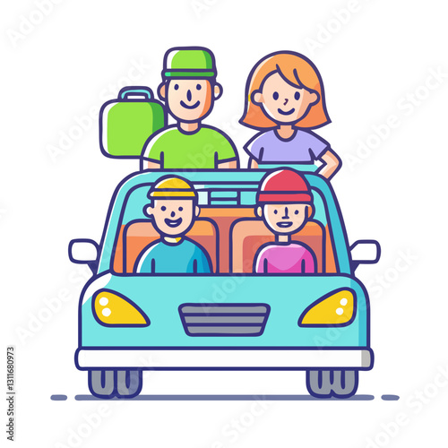 Family road trip with car and luggage icon