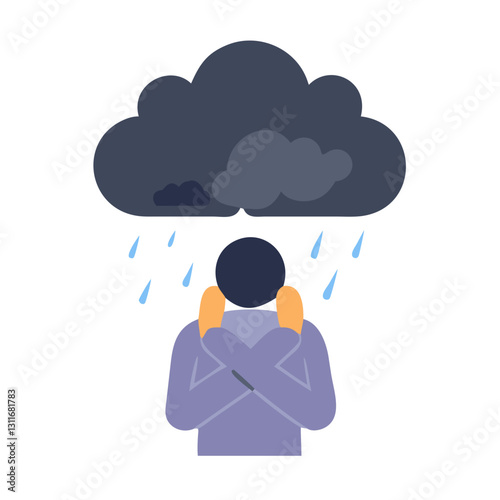 Sad man under a rainy dark cloud