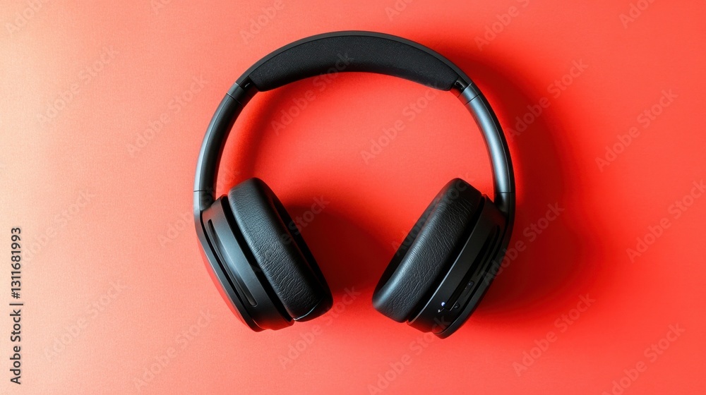 Sleek black wireless headphones with cushioned ear cups on a vibrant red background. Sleek black wireless headphones with cushioned ear cups on a vibrant red background.